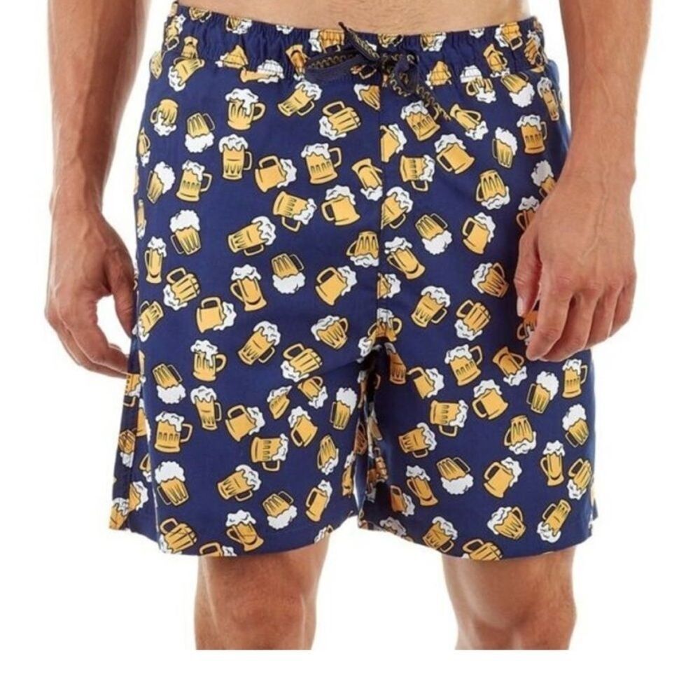 Surf Society Swim Shorts Beer Print Drawstring Waistband Mesh Lined Blue Medium